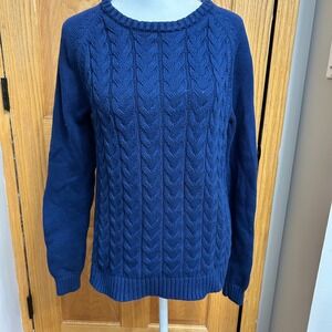Lands' End Drifter Blue Cable‎ Knit Crew Neck Cotton Sweater WomensM 10-12